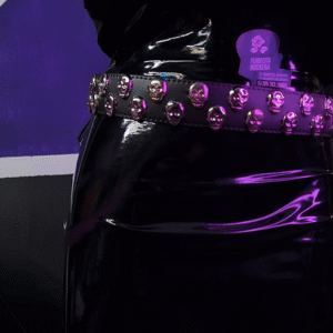 Correa negra con remaches de cráneos dos líneas